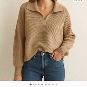 Cozy Camel Blush V neck Sweater with Collar XL